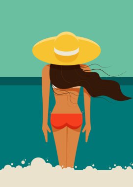 Denizde duran bir kadın. Yaz zamanı ve mutlu tatil konsepti düz tasarım tarzı. Yazdırma, yayınlama, broşür, arkaplan, broşür, broşür, broşür, afiş, afiş, vektör ilülasyonu için kullanılabilir