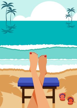 A woman sit and relax on the beach on summer vacation. Happy holiday concept flat design style. Can be used for print, brochure, backdrop, leaflet, flyer, banner, vector illustration
