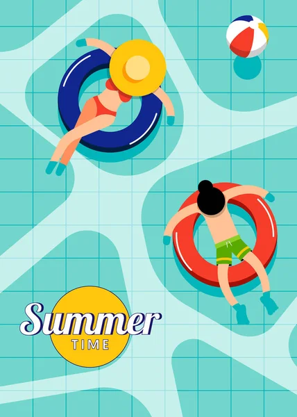 People Relaxing Inflatable Raft Swimming Pool Summer Happy Holiday Concept — Stockvector