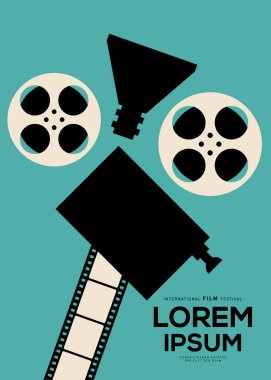 Klasik film kameralı film afişi tasarım şablonu. Arkaplan, pankart, broşür, broşür, broşür, broşür, baskı, yayın, vektör illüstrasyonu için kullanılabilir