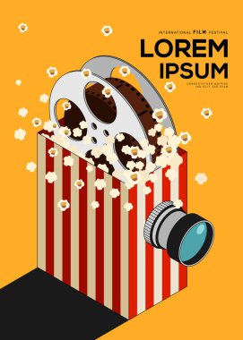 Film ve film afiş tasarım şablonu ve film makarası. Arkaplan, pankart, broşür, broşür, broşür, broşür, baskı, yayın, vektör illüstrasyonu için kullanılabilir