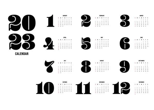 2023 Printable Monthly Calendar Template Design Week Starts Sunday Minimal — Vetor de Stock