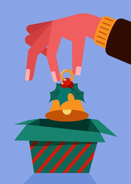 ギフトボックスから黄金の鐘を持ち上げる人々とメリークリスマスのコンセプトの装飾 デザイン要素は グリーティングカード はがき パンフレット 出版物 ベクトルイラストに使用することができます — ストックベクタ
