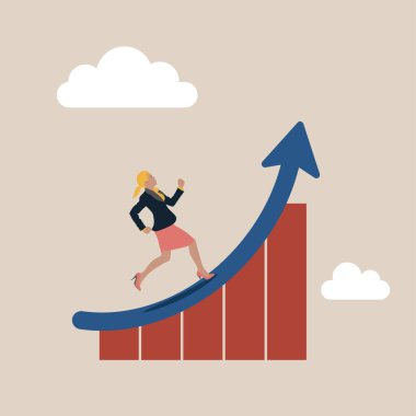 İş geliştirme, kariyer büyümesi veya başarı, ilerleme veya meydan okuma kavramına ulaşma performansı, performans iyileştirme çubuğunda yükselen ok üzerinde yükselen iş kadını.