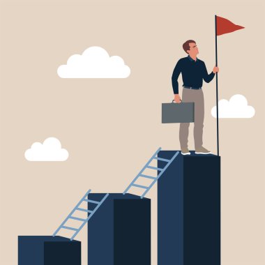 İş büyütmek için adım adım, başarı merdiveni, ilerleme, hedefe ulaşmak için gelişme veya gelişme, büyüme yolculuğu, kariyer yolu kavramı, iş adamı, hedefe ulaşmak için adım adım yukarı tırmanır..