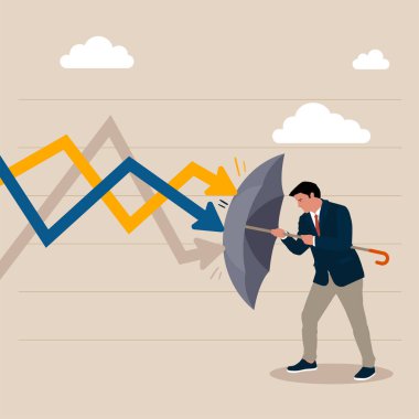 Şemsiyesini tutan iş adamı okun düşmesini önlüyor. Ekonomik kriz veya piyasa çöküşünde korunma veya savunma hisseleri, zorlukları veya sigorta kavramını atlatmak için iş dayanıklılığı.