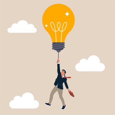 Yeni ürünü değiştirmek ya da icat etmek için yaratıcılık ve yenilik, sorunu çözmek için çözüm, yeni fikir kavramı keşfetmek, heyecan verici iş adamı havada ampuller tutuyor. Takım elbiseli ofis çalışanı..