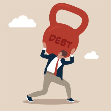 Borç. Stresli, üzgün, genç işadamı yönetici sırtında borç taşıyor. Finansal kriz ve kredi ödemesi. İş, zihinsel stres, iflas, borç kavramı.