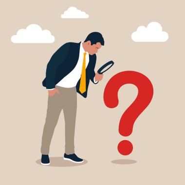 İş adamı analisti soru işaretini analiz etmek için büyüteç kullanıyor. Sorun ve kök analizi, araştırma ve liderlik becerileri iş sorunları kavramına çözüm bulmak veya cevap bulmak için.