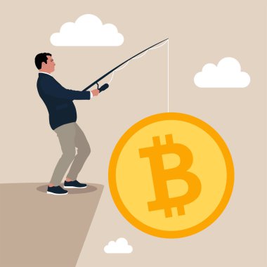 Balıkçı oltayla para yakalayan bir iş adamı. Kâr, madencilik, gelir. Havuzdan Bitcoin yakalayan girişimci bir balıkçı. Kripto para birimi geliri ve dijital finans ekommersi.