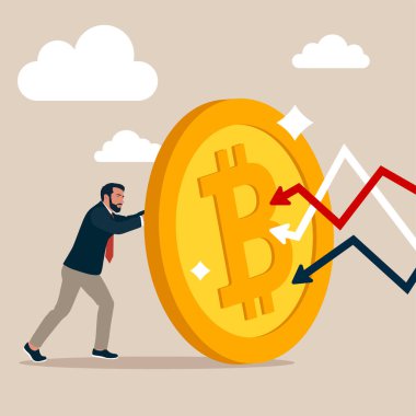 Bitcoin kalkanının arkasına gizlenmiş iş adamı yatırımcı. Kripto ve borsa çöküşünün güvenli cenneti olarak Bitcoin, finansal kriz veya baloncuk patlamasında kalkan veya koruma, zenginlik kavramını kaybetmekten korur.