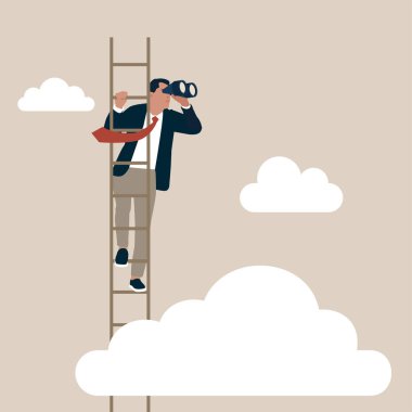 Akıllı iş adamı, dürbünlü hayalperestlere bakarak merdivenleri tırmanır. İş fırsatları için başarı merdiveni, yeni bir iş ya da kariyer arayışı, liderlik keşfi ya da başarı kavramı arayışı