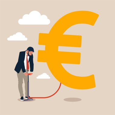 İş geliştirme ve büyüme konsepti. İş adamı avro balonunu şişiriyor. İş stratejisi, yatırım, zenginlik, yönetim, pazarlama düz vektör illüstrasyonu.