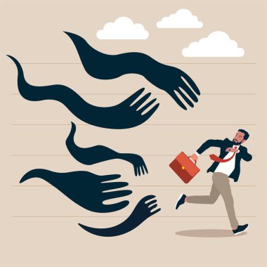 Korkak işadamı dev kara sürünen kollardan kaçıyor. Çağdaş sanat kolajı. Etki, manipülasyon ve bağımlılık kavramı. İç dünya, psikoloji, çeşitlilik.