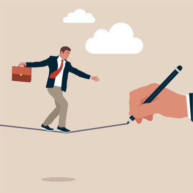 İş konseptindeki risk. İş adamı sıkı bir ipin üzerinde yürüyor ve ipi çekiyor. Zorlukların üstesinden gelmek sorunların çözümü. Vektör illüstrasyonu. 