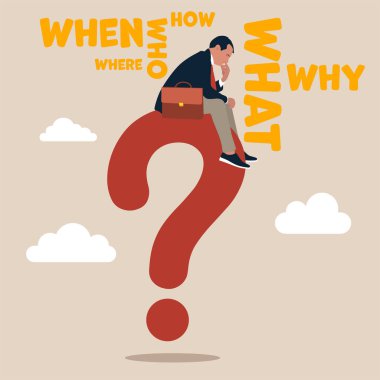 Businessman on large question mark thinking of who what where when why and how. 5w1h asking questions for solution to solve problem, thinking process or business analysis to get new idea concept, calm clipart