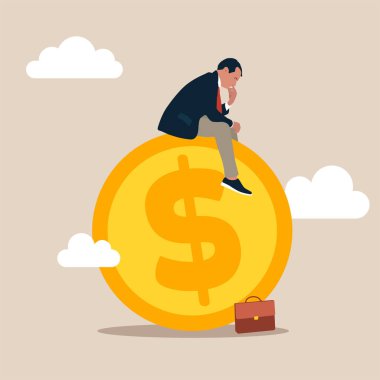 Thoughtful businessman investor thinking about where to invest on dollar coin money. Thinking about money decision, financial planning or investment strategy, profit and loss, expense or tax concept.