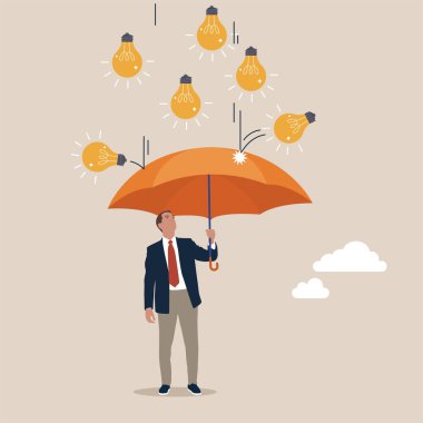 İşadamı altında şemsiye ve yağmur ampul fikir karikatür vektör çizim