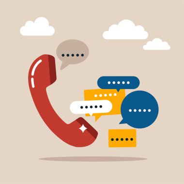 Konuşma baloncuklu telefon. Destek, müşteri hizmetleri, yardım, iletişim konsepti. Vektör simgesi. Çizgi film biçimi. 