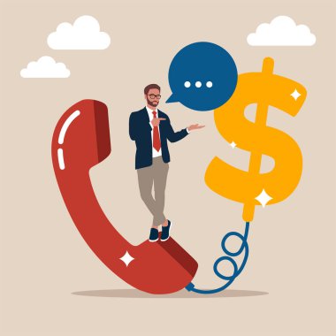 Satıcı elinde telefonla para işaretine bağlı duruyor. Tele pazarlama ya da teleskoplar, ürün veya iş anlaşması için telefon görüşmesi telefon görüşmesi, sigorta acentesi konsepti.