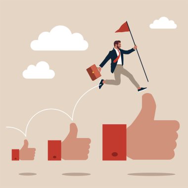 Mutlu iş adamı elinde bayrak tutarak yükselen başparmakları işaret ediyor. Kariyer gelişimi, başarı, iş geliştirme veya terfi, başarı çalışan konsepti için takdir veya övgü.