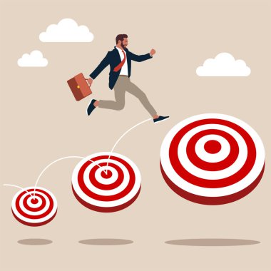Zeki iş adamı daha büyük ve yüksek okçuluk hedefine atlıyor. Daha büyük bir iş hedefi, kariyer veya iş büyüme kavramında ilerleme ve motivasyon.