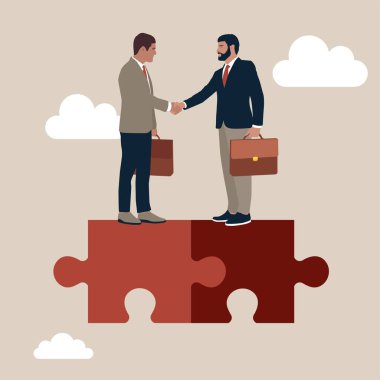 Success businessmen finish deal and handshake on jigsaw puzzle. Collaborate, cooperate or partnership and agreement to help business success, together or teamwork support each other concept.