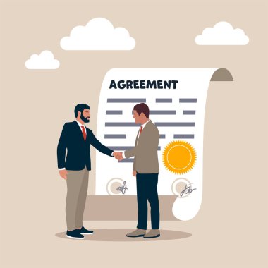 Businessman partner people shaking hand after signing business agreement document. Business deal, agreement or collaboration document, contract or success negotiation, executive handshaking concept.