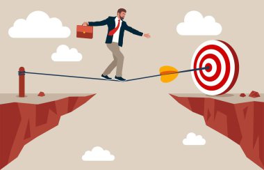 Businessman in suit walking on rope with suitcase to target. Business man walking on tightrope gap. financial crisis. Risk management challenge. illustration in flat style