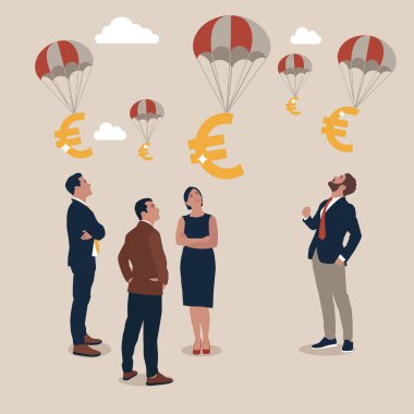 Euros floating into EU countries as financial relief plan for impending recession from the COVID-19 crisis. Citizens waiting for government sponsored assistance. clipart