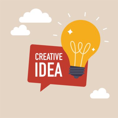 Ampul amblemli yaratıcı fikir geometrik mesaj balonu. İş ve reklam için pankart tasarımı. Vektör illüstrasyonu.