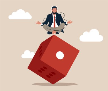 Businessman in a business suit sitting on a large red game dice, using as background business decision, planning, risk management concept. Financial luck.