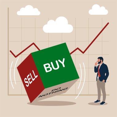 Çizelge ve grafik üzerinde düşünen yatırımcılarla zar atmak, satmak ve hiçbir şey yapmamak. Değişken borsada yatırım kararı, hiçbir şey yapmamak, satmak veya satın almak için risk değerlendirmesi