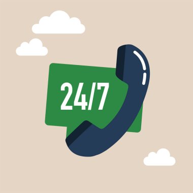Mesaj balonunda telefon amblemi olan Ücretsiz Arama. 24,7 simge. Logo tasarımı. Düz vektör illüstrasyonu.