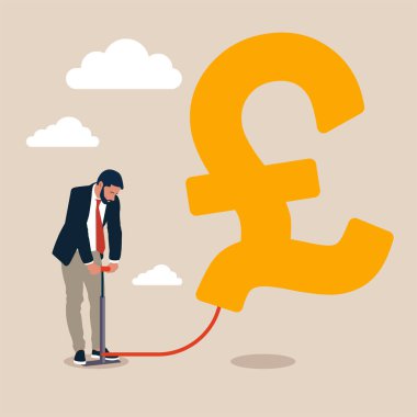 İş geliştirme ve büyüme konsepti. İş adamı GBP balonunu şişiriyor. İş stratejisi, yatırım, zenginlik, yönetim, pazarlama düz vektör illüstrasyonu.