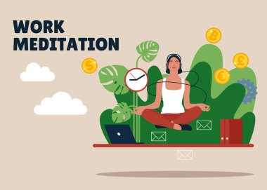 Meditasyon yapıyorum. Stresli iş kadını, yoga karakteri. Lotus poz çiziminde ofis masasında oturan yönetici
