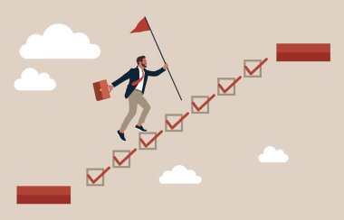 İşadamı hedefe doğru ilerlemek için kontrol listesine girdi. Başlangıçtan başarıya, gelişmeye veya gelişmeye, ilerlemeye meydan okumaya ve yarışmayı kazanmaya, projeyi tamamlama görevlerine ilerleme.