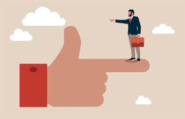 Minik işadamı dev el üstünde dikilip zıt yönü işaret ediyor. Çalışan çatışma yönü, iş arkadaşı arasındaki tartışma, farklı düşünce, fikir ayrılığı veya zıt yönde, karar sorunu kavramı.