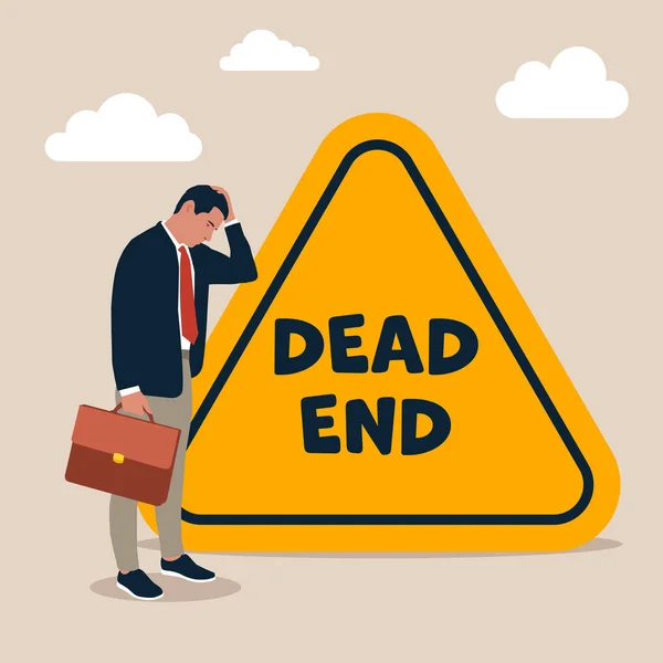 Depressed Businessman Office Worker Stop Dead End Road Sign Business — Vetor de Stock