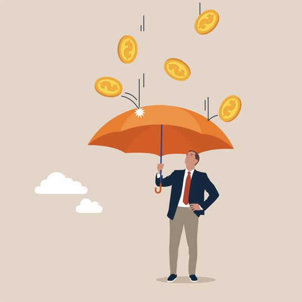 Business Concept, Businessman Standing with Umbrella Under Rain Dollar Coins. Vector Illustration