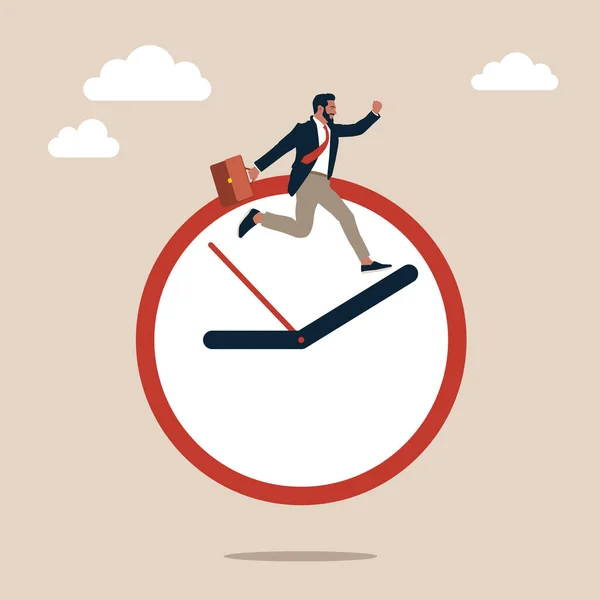 Businessman Holding Suitcase Jumping Clock Hands Metaphor Time Management Work — Wektor stockowy
