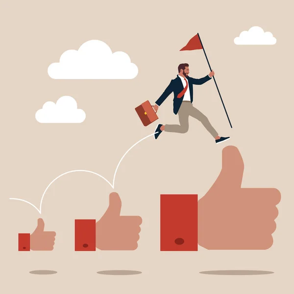 勝ち旗を掲揚する幸せなビジネスマンは親指を上にジャンプします 成功した従業員の概念のためのキャリアの成長の開発 仕事の改善または昇進 感謝または賞賛 — ストックベクタ
