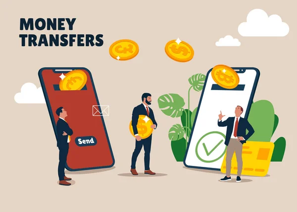Nsanlar Online Bir Bağlantı Üzerinden Para Gönderip Alıyorlar Mobil Ödemeler — Stok Vektör