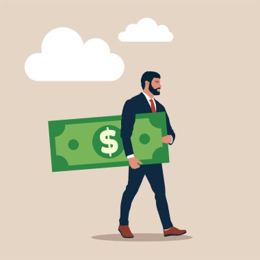 Elinde büyük bir banknot tutan bir iş adamı. Büyük bir banknot. İş adamı ve para. Banker, web tasarımı için dolar vektör simgesi taşıyor.