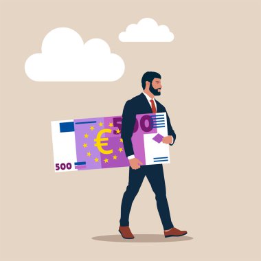 Elinde büyük bir euro banknotu tutan bir iş adamı. Büyük euro faturası. İş adamı ve para. Banker, web tasarımı için avro vektör simgesi taşıdı.