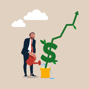 Başarılı girişimci yatırımcı, yükselen grafiğiyle küçük fabrikayı suluyor. Yatırım büyümesi ya da iş büyümesi, borsada kar yapmak ya da büyüme kavramı kazanmak.