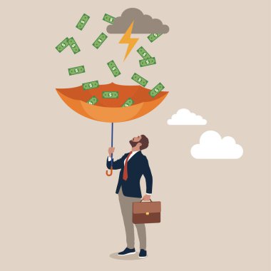 Rich entrepreneur using umbrella to collect falling money from investment thunderstorm. Make money idea, passive income or profit and dividends from stock market investment, financial success concept.