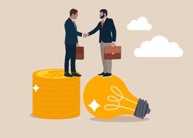 Girişimci ampulün üzerinde durup Von para yığınıyla el sıkışıyor. Fikir sunumu, bağış toplama ve risk sermayesi, iş veya birleşme anlaşması kavramı.