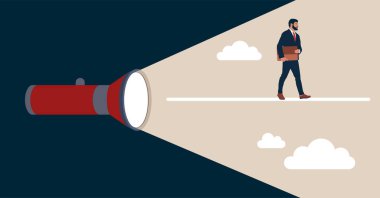 Entrepreneur going forward on torch flashlight light beam. Business direction guidance, career path or solution to reach goal, mentorship, help and manager support, find the way concept.
