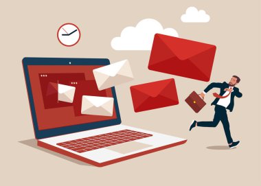 Entrepreneur office guy run away from overload flying mail letter from computer laptop. Email overload too many junk mails that reduce efficiency and productivity in work and time management concept.